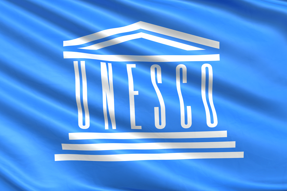 UNESCO logo on blue flag UNESCO logo on blue flag