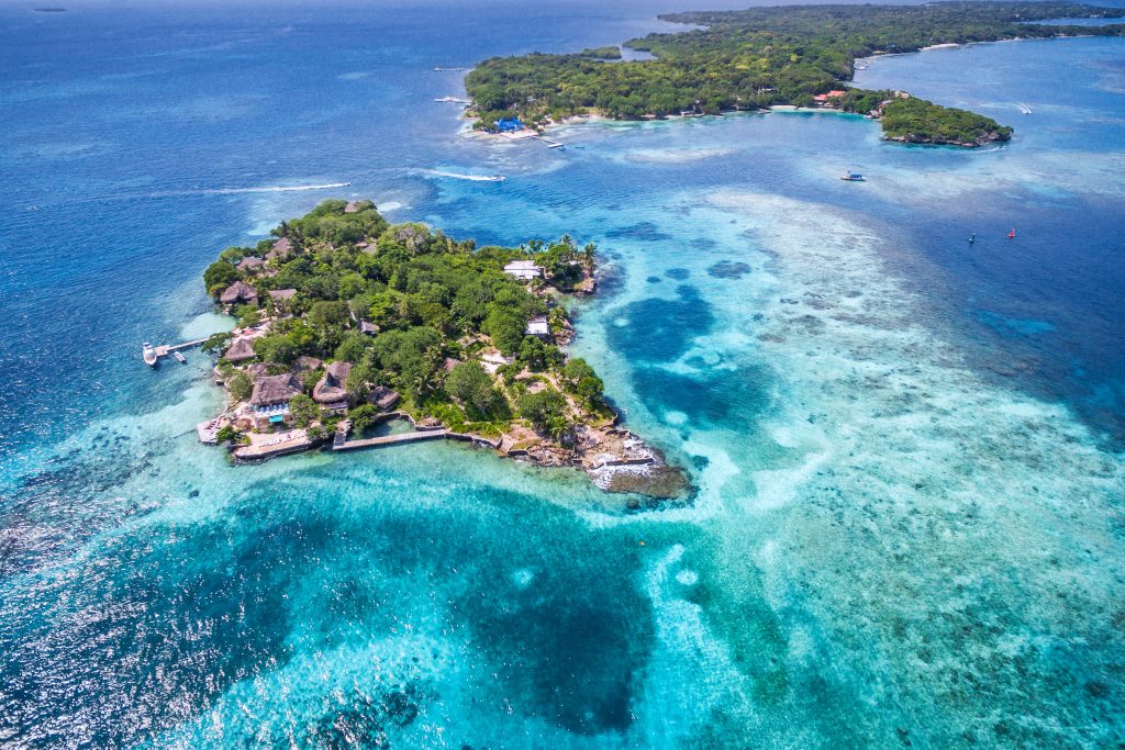 Rosario Islands (Islas del Rosario) in Cartagena de Indias, Colombia, aerial view. credit shutterstock Rosario Islands (Islas del Rosario) in Cartagena de Indias, Colombia, aerial view. credit shutterstock