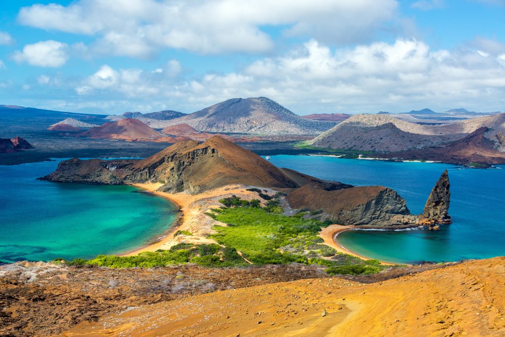 View of two beaches on Bartolome Island in the Galapagos Islands in Ecuador View of two beaches on Bartolome Island in the Galapagos Islands in Ecuador
