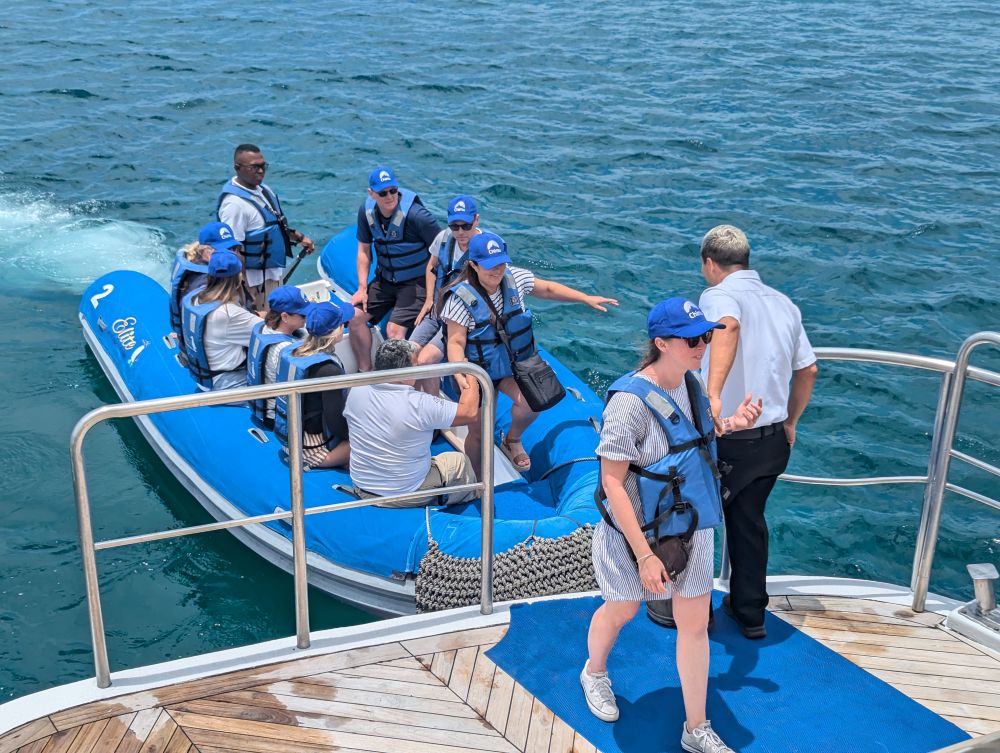 Chimu Adventures group on panga boats, Galapagos