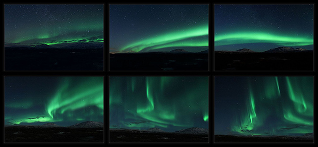 Multiple images depicting the different shapes of auroras Multiple images depicting the different shapes of auroras