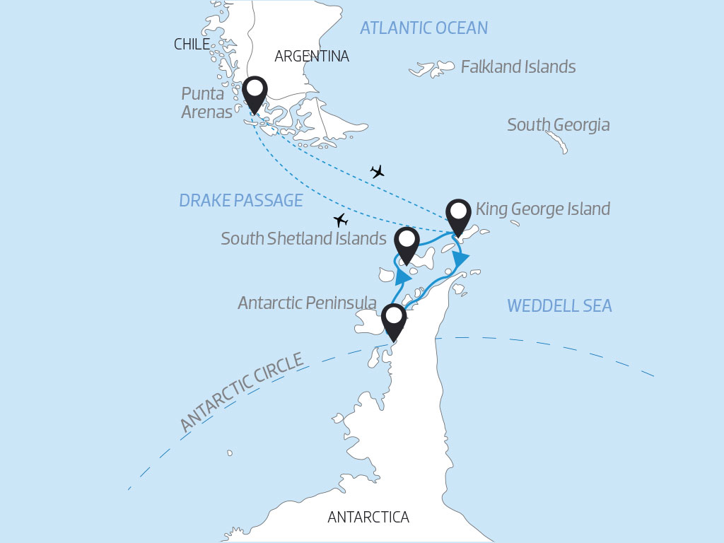 Antarctica fly cruise itinerary map