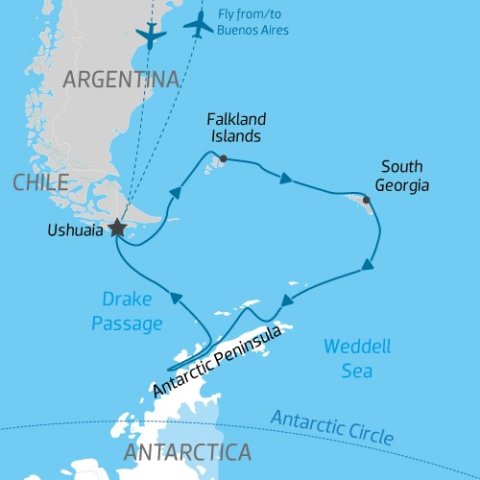 cruise itinerary map of Falkland Islands, South Georgia & Antarctica) 