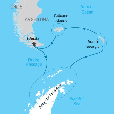 itinerary map for expedition cruise through Falkland Islands, South Georgia and Antarctica) 