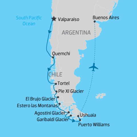 cruise itinerary map of Chilean Patagonia from Valparaiso to Ushuaia in Argentina) 