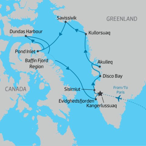 Map for Baffin Bay itinerary around West Greenland and Canadian Arctic) 