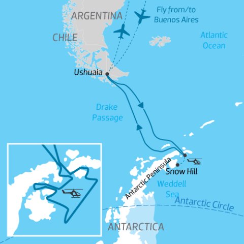 itinerary map for expedition cruise from South America to Snow Hill past the Antarctic Peninsula to the Weddell Sea) 