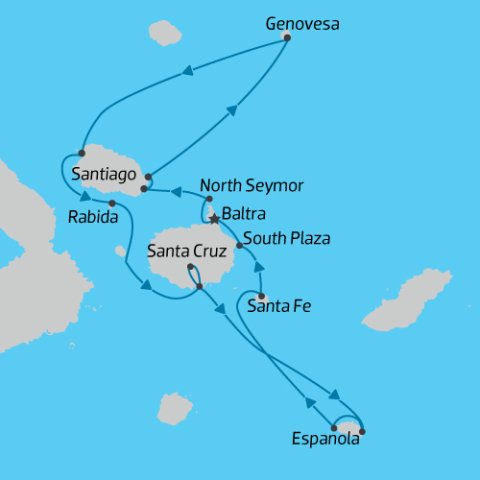 Central and South Islands cruise itinerary map, Galapagos Angel) 