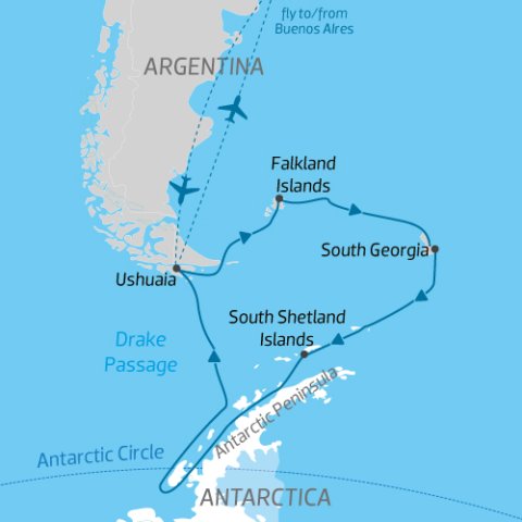 itinerary map for expedition cruise from South America to Falkland Islands, then to South Georgia to Antarctica) 
