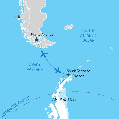 itinerary map for flying from South America to Antarctic Peninsula for expedition cruise) 