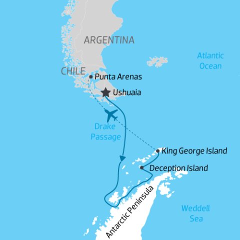 itinerary map for expedition cruising south to Antarctica then flying north to South America) 