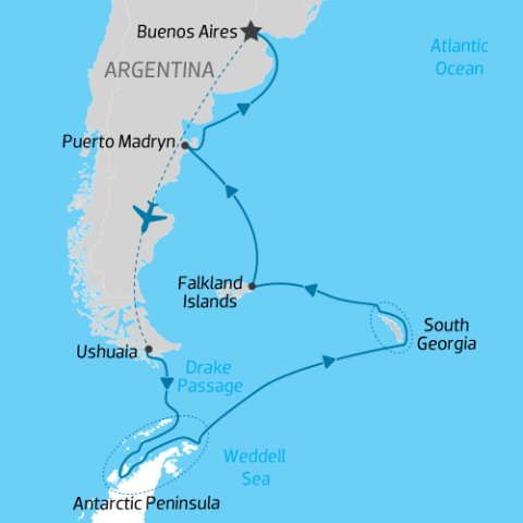 cruise itinerary map of Antarctica, Austral Islands & Valdez Peninsula Argentina) 