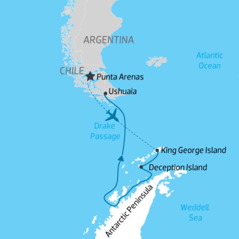 itinerary map for expedition flying south to Antarctica then cruising north to South America) 