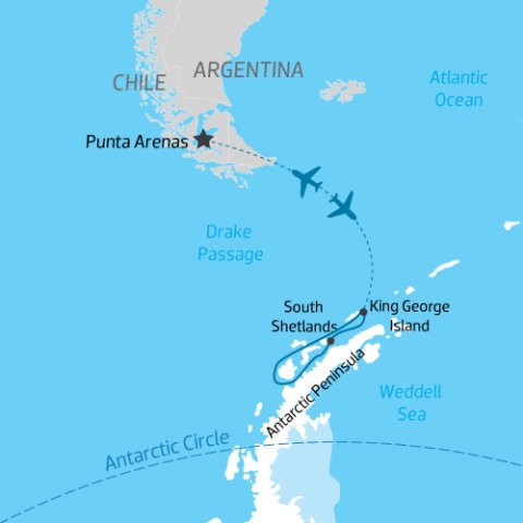 itinerary map Antarctic cruise flying across the Drake Passage both ways) 