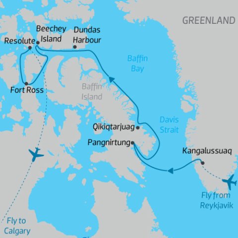 itinerary map for expedition cruise from Greenland to Nunuvet and Canadian Arctic along Northwest Passage) 