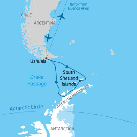 itinerary map for expedition cruise from South America to Antarctic Peninsula) 