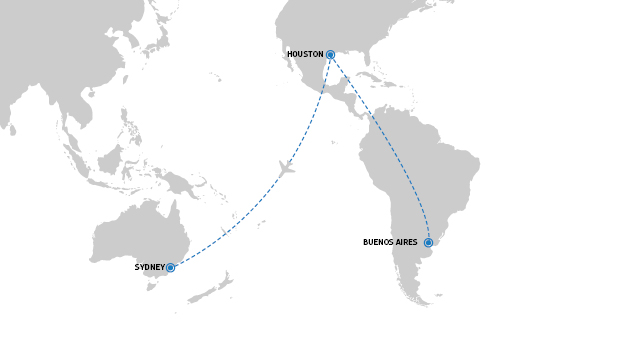 United Airlines flight path Sydney to Buenos Aires