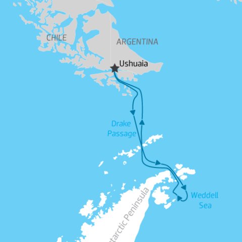 cruise itinerary map of Antarctica including the Weddell Sea) 