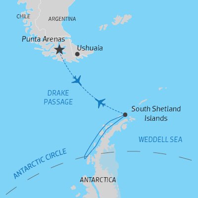 itinerary map for flying from South America to Antarctic Peninsula for expedition cruise to Polar Circle) 