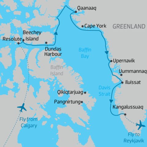 itinerary map for expedition cruise from Canadian Arctic to Greenland along Northwest Passage) 