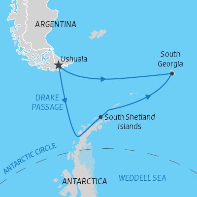 itinerary map for expedition cruise from South America to South Georgia Island then to Antarctica) 